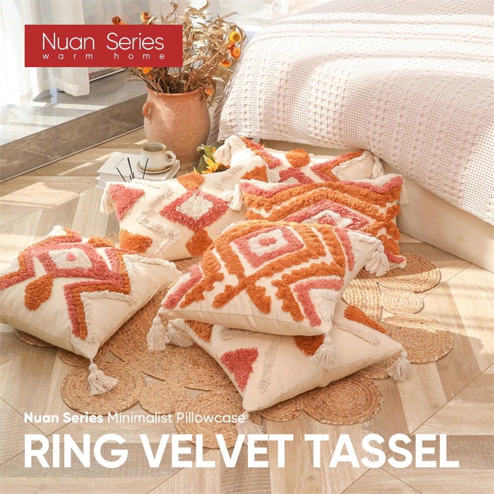 

1PC 45x45 Orange Series Tufted Cotton Cushion Cover Geometric Pattern Sofa Living Room Pillowcase For Home Decor Nuan Series