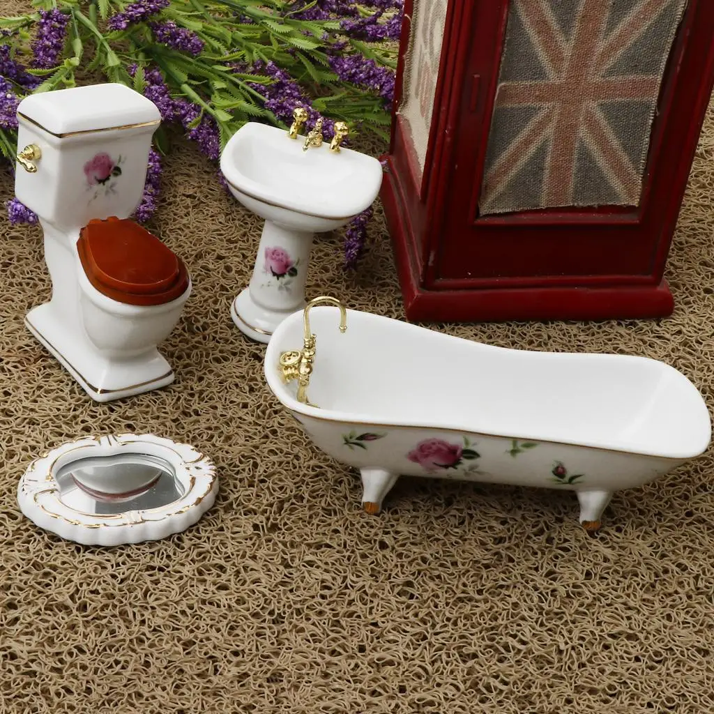 

4 Pieces 1:12 Dollhouse Miniatures Antique Bathtub Bathroom Furniture Toys