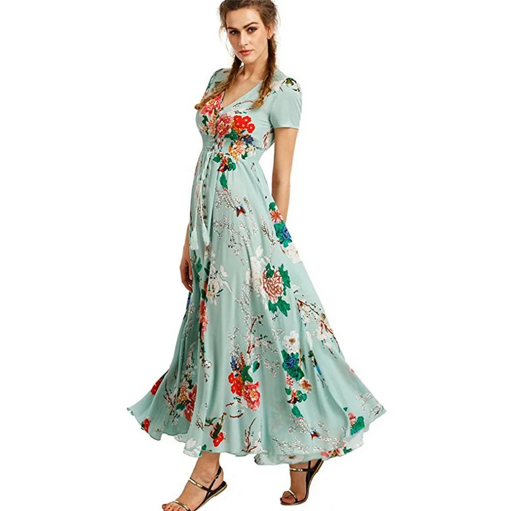 

New Bohemian Dresses Retro Ethnic Pattern Print Split Swing Dress Ladies Beach Resort Style V-Neck Loose Long Dress Vestidos