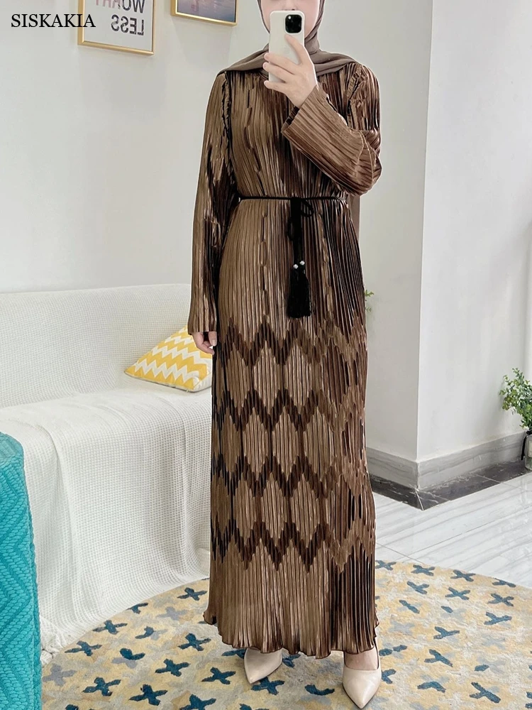 

Модное Плиссированное Платье макси с высокой талией для женщин, осень 2022, новое однотонное платье с круглым вырезом и длинным рукавом, Дубай...