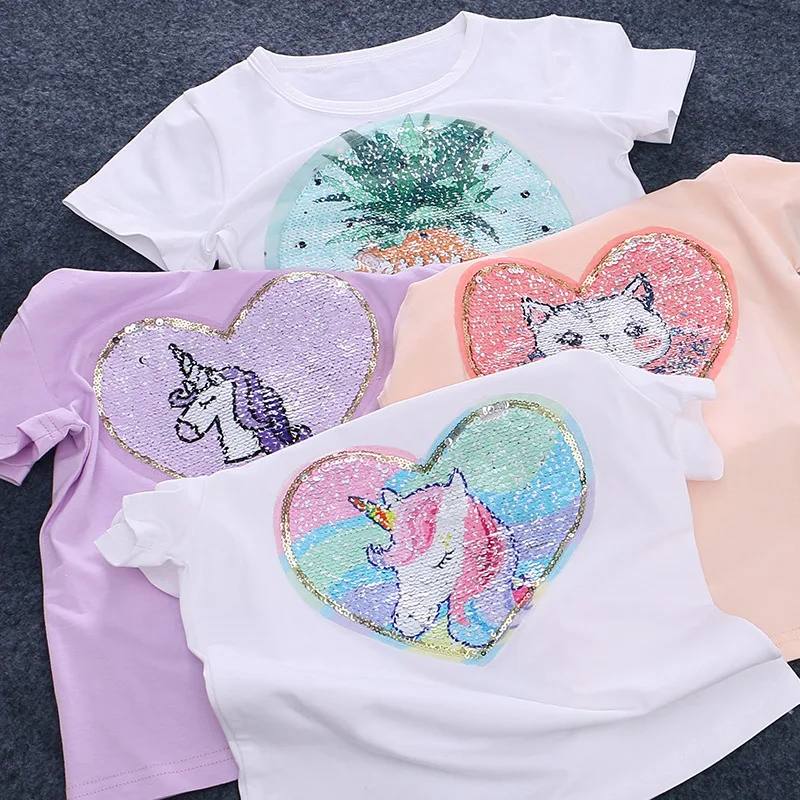 Summer Girls' Sequin Reversible Color Changing T-shirt Short Sleeve Pure Cotton Half Top Pony Unicorn Bottom Shirt | Детская одежда