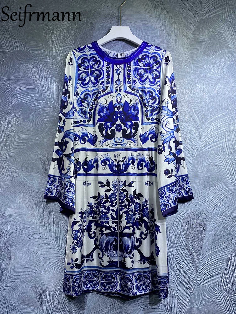 

Seifrmann High Quality Autumn Women Fashion Runway Midi Dress Blue And White Porcelain Printing Batwing Sleeve Real Silk Dresses