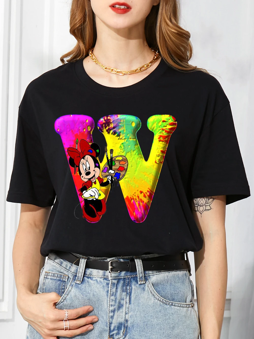

Disney Ulzzang Fashion Tshirt Colored Minnie Mouse Kawaii Fashion Harajuku Custom Name Letter Combinations Font M N O P Tops