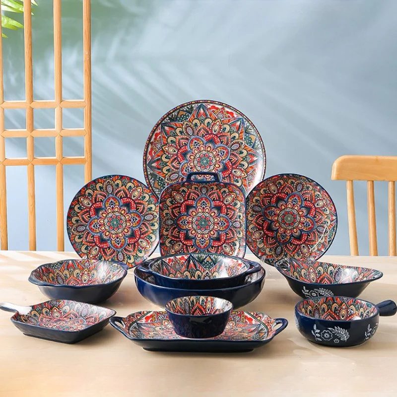 Bohemian Flower Print Ceramic Dinner Plate Rice Bowl Plate With Handle Bowl And Home Plate Set