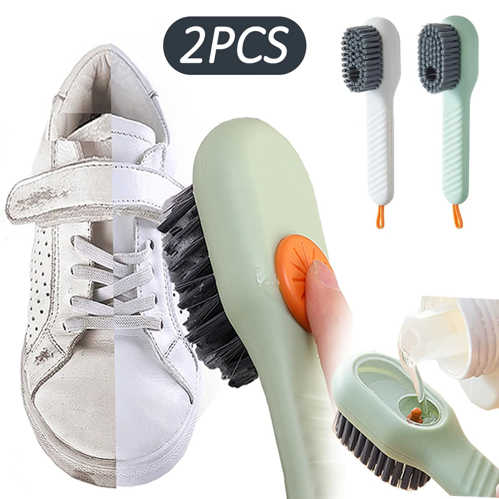 

2Pcs Multifunction Auto Soap Shoe Brushes Long Handle Brush Cleaner with Soap Dispenser for Clothes Shoes Home Cleaning Tools