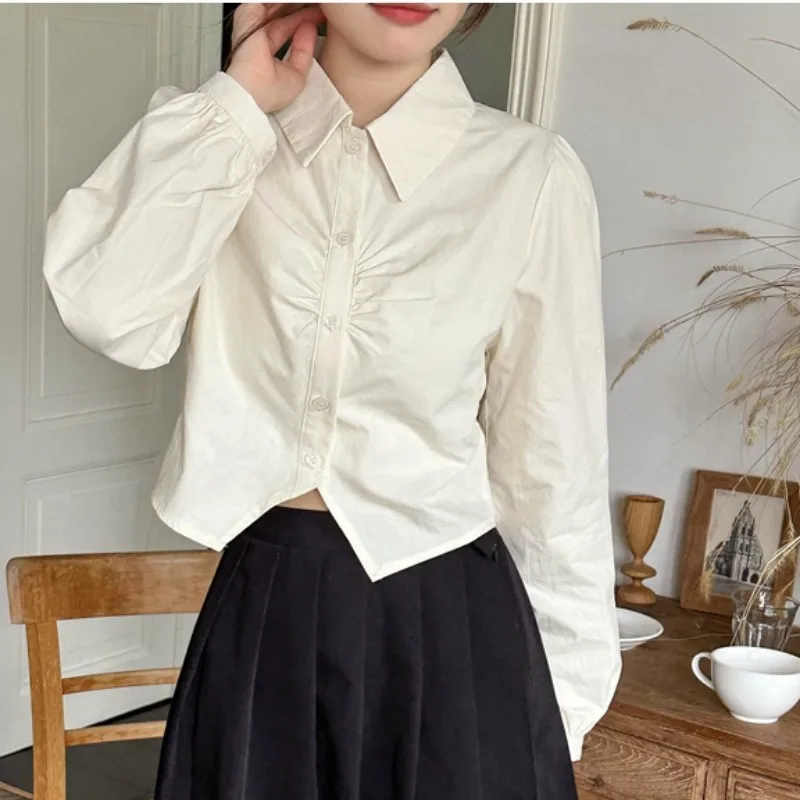 

Autumn Long Sleeve Blouse Fashion Sexy Short Shirts 2023 French Style White Tops Women Loose Clothes Elegant New 28848