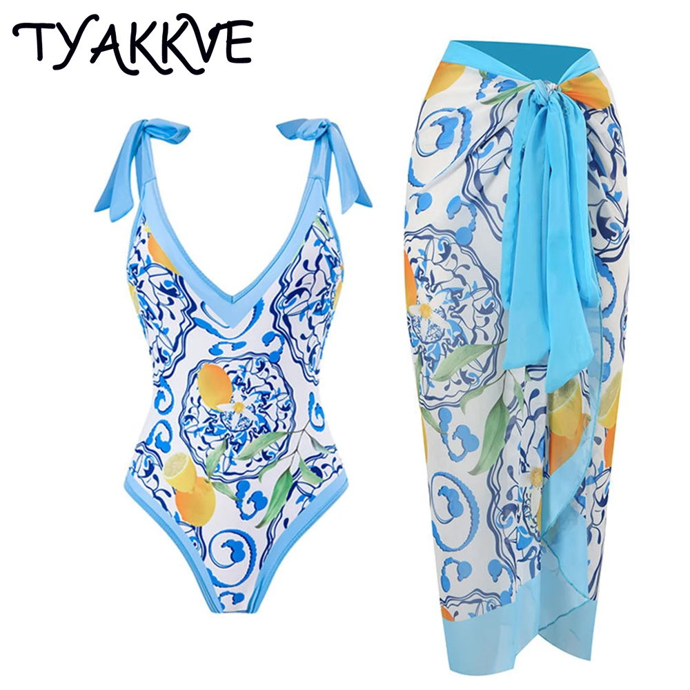 

TYAKKVE New 2023 One Piece Swimsuit Woman Cover Up Summe Bandage Bikini Set Skirt Deep V Print Swimwear Beach Dress Bathing Suit