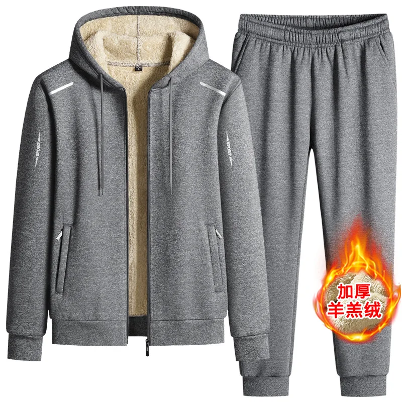 Winter Thicken Lamb Wool Sportswear Men Casual Fleece Warm Set Fashion Solid Color Thick Hooded Tracksuit Mens 2 Piece Sets