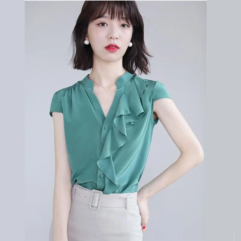 

Summer 2022 Fashion Elegant V-Neck Ruffled Asymmetric Acetate Satin Shirt Korean style sweet sexy ice silk blouse candy color