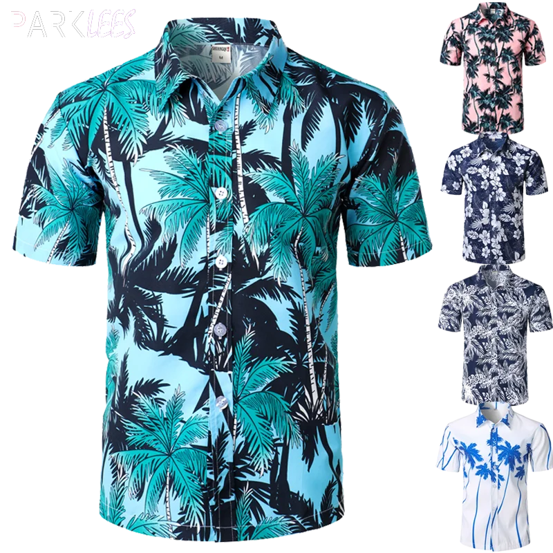 

Men's Summer Hawaiian Shirt Short Sleeve, Tropical Palm Digital Print Blue Hawaiian Shirt,