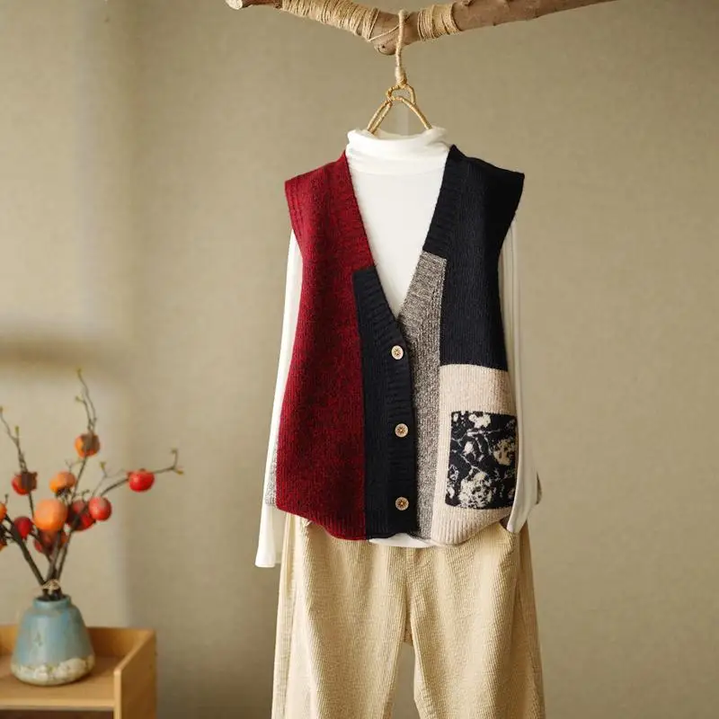 

Sweater Vest Women Patchwork Design Lady Fashion V-neck Autumn Clothes Single Breasted Streetwear All-match New Leisure J109