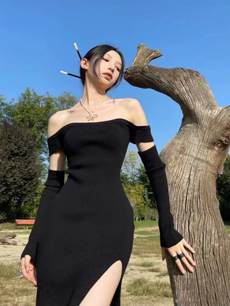 

Harajuku Fashion Sexy Sheath Split Off Shoulder Knitted Dresses for Women Party Female Club Y2K Bodycon Backless Clothing Autumn