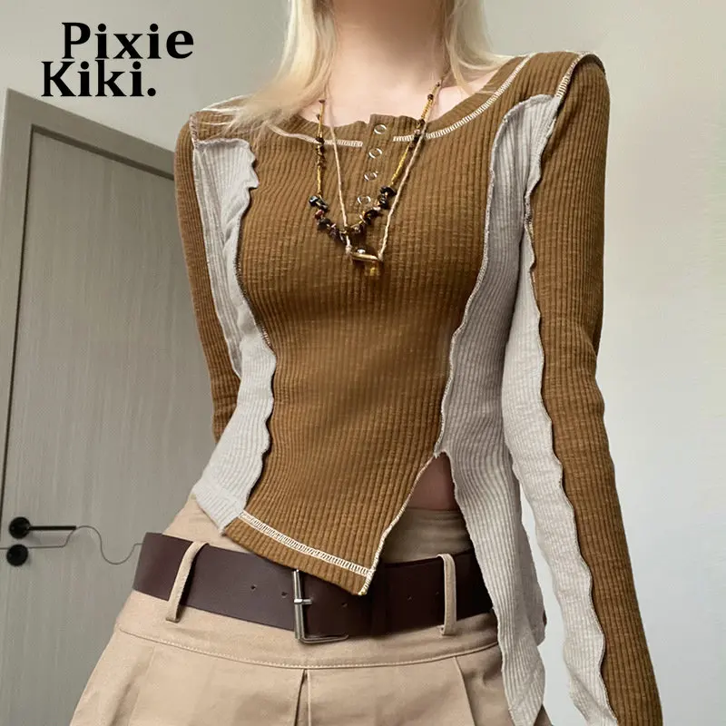 

Асимметричный кроп-топ PixieKiki Trashy Y2k, футболки контрастных цветов в стиле колор-блок с длинным рукавом, винтажные футболки для женщин