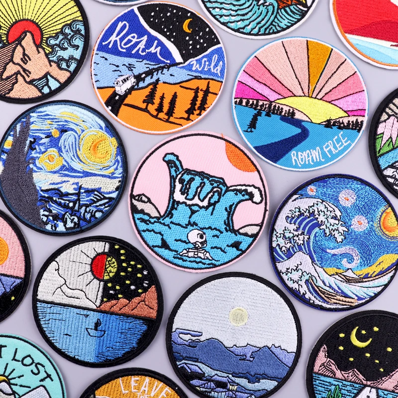 

Нашивки с волнами и горами нашивки с утюгом на одежду вышитые нашивки в дикой природе нашивки для одежды полосы для одежды значки наклейки