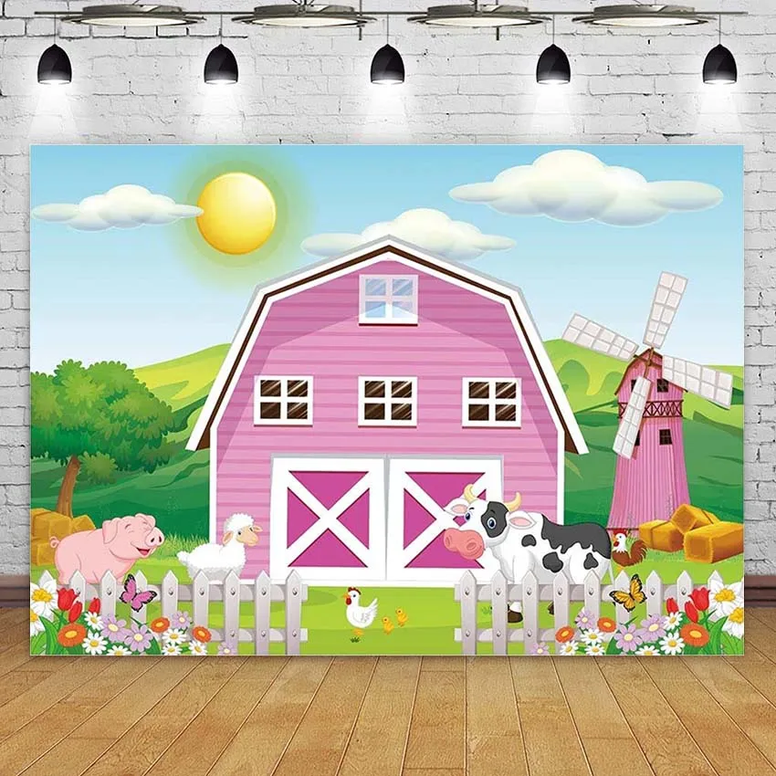 

Cartoon Farm Animals Backdrop Pink Barn Girl 1st Baby Shower Birthday Party Wall Table Cake Banner Booth Photography Background