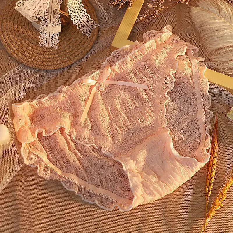 

Ruffle Cute Lovely Sweety Girl Panties Bow Japanese Princess Style High Elasticity Breathable Sexy Mesh Women Underwear Breifs