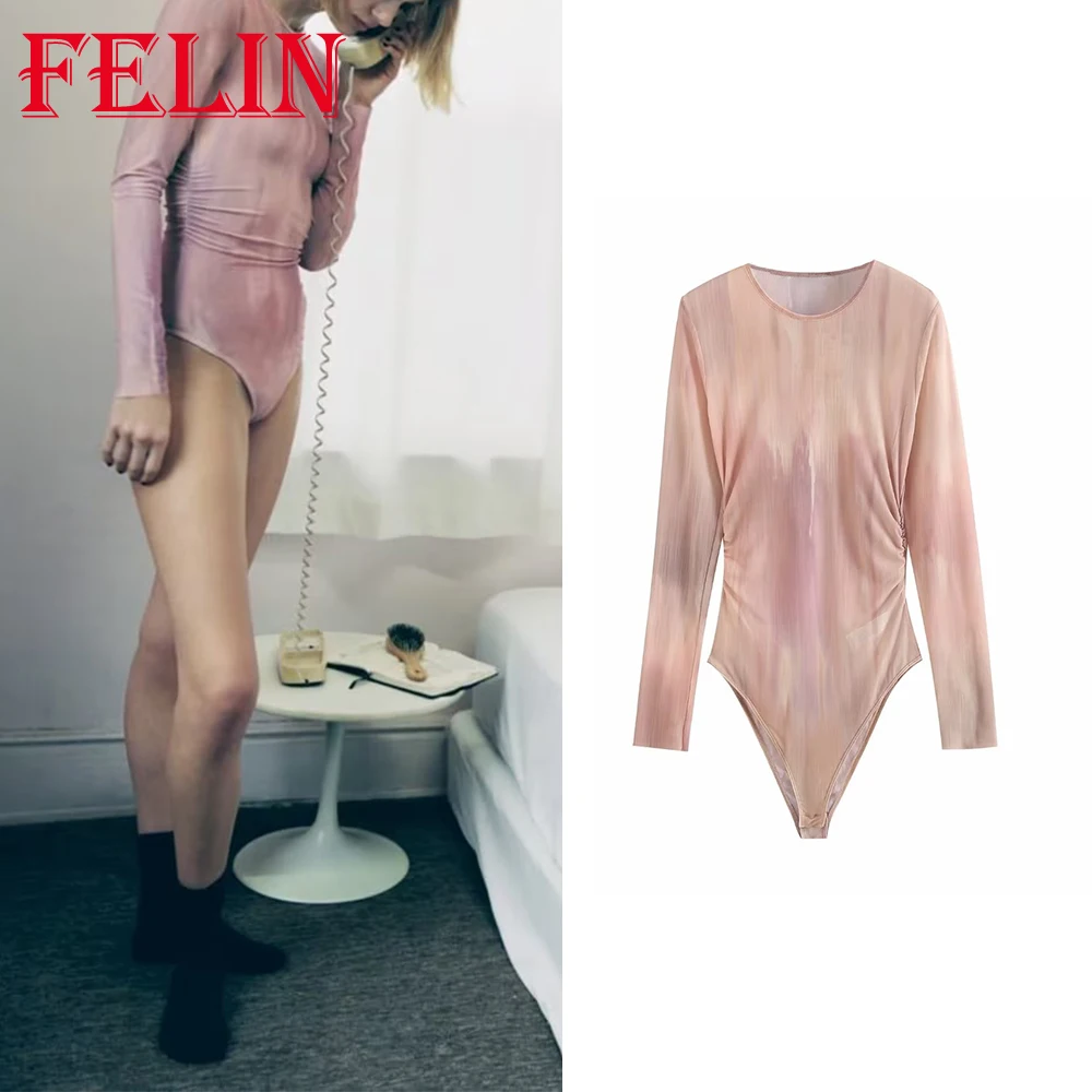 

Женское боди с принтом, круглым вырезом и длинным рукавом