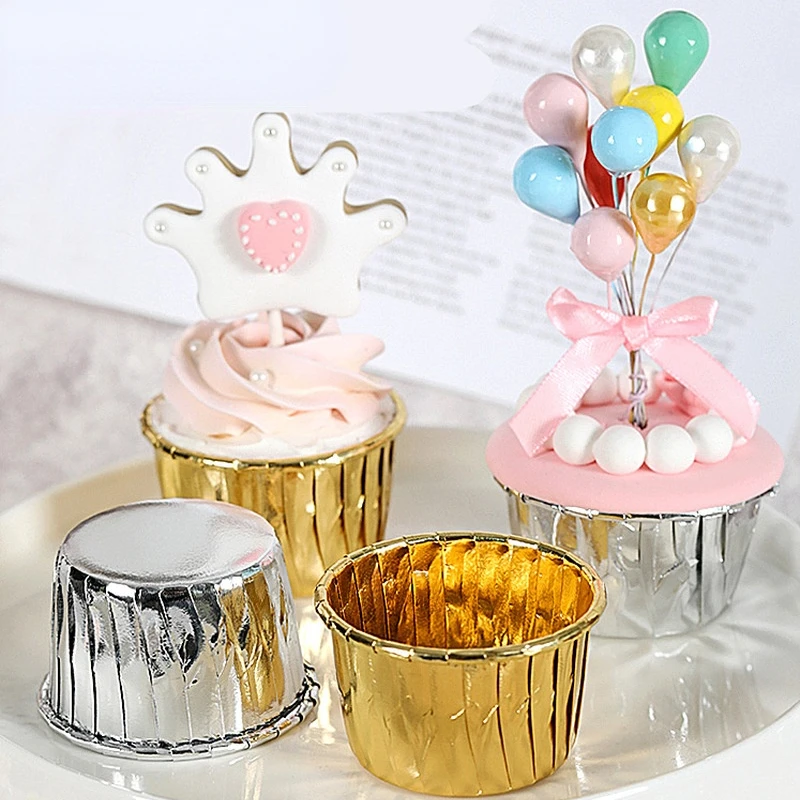 

100pcs Aluminum Foil Oilproof Cupcake Cake Baking Cups Liner Cup Tray Case Wedding Party Golden Muffin Wrapper Cooking Tools