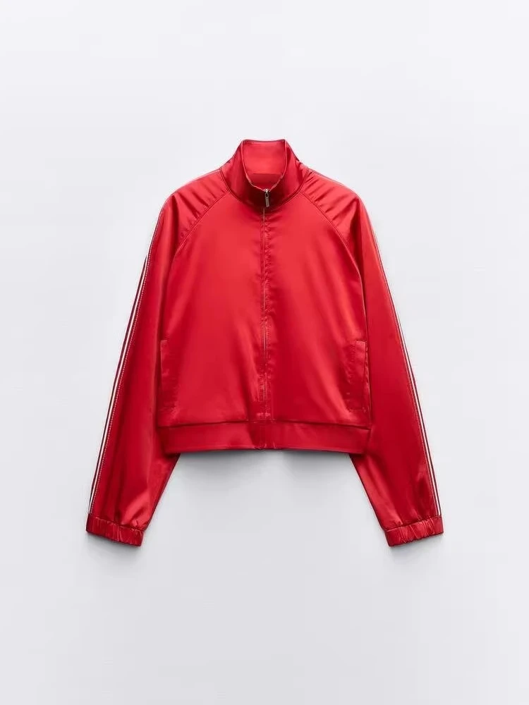 ZBZA Женская спортивная куртка брючный костюм Стоять воротник полосатый с