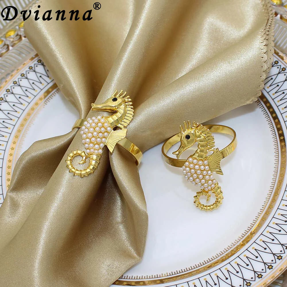 

6Pcs Pearls Napkin Rings Wedding Napkin Holder Seahorse Napkin Buckle for Festival Dining Room Dinner Table Decor HWP29