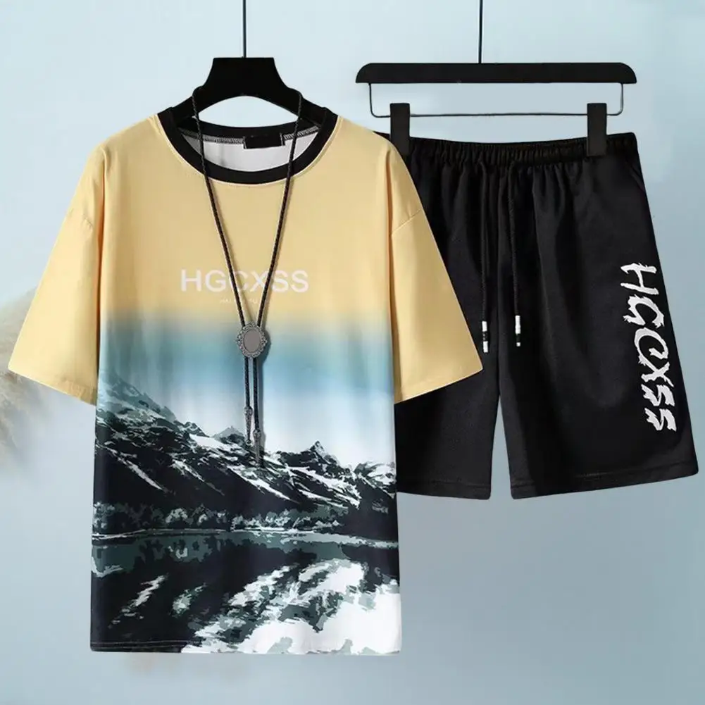 

Men Top Shorts Suit Round Neck Tie-dye Sweat Absorption Breathable Extra Soft Men Shirt With Drawstring Shorts Set