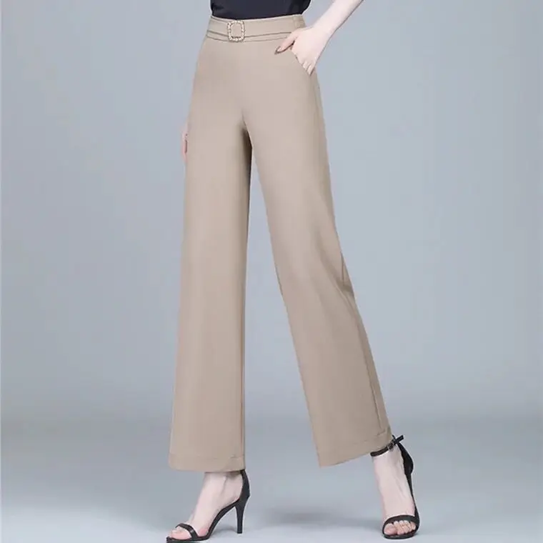 

2022 Summer Women's Fashion High Waist Wide-leg Pants Female Loose Solid Color Trousers Ladies Ice Silk Thin Straight Pants P243