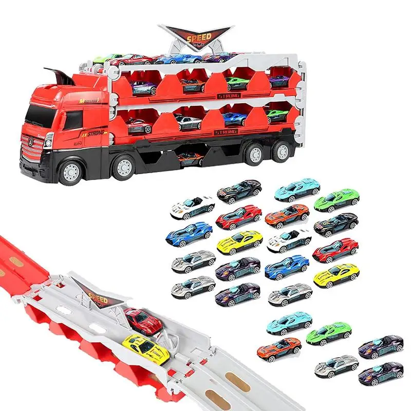 

Mega Hauler Truck Carrier Truck Toy With Folding Ejection Race Track Car Transporter Truck Toy Set With Storage Race Track