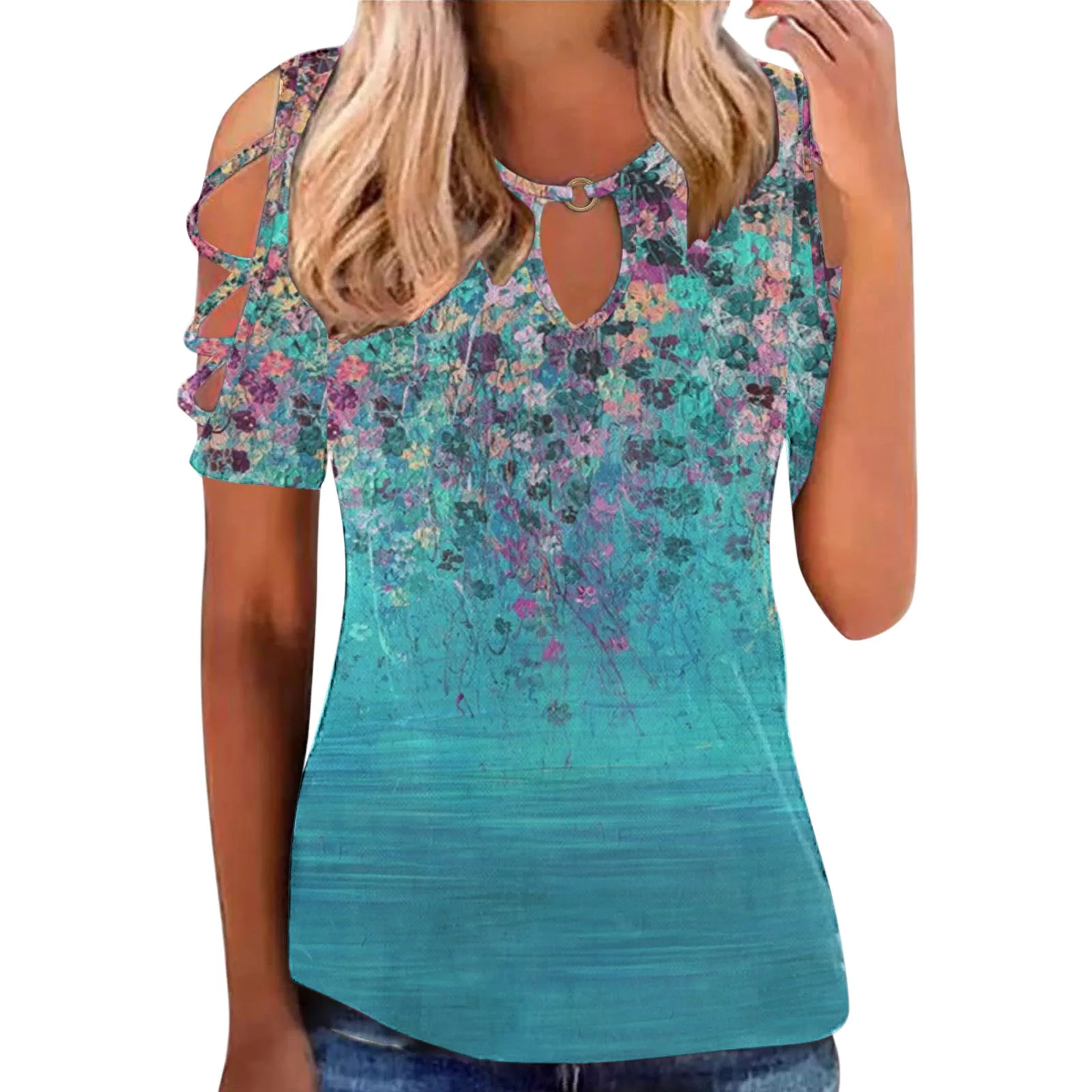 

Женские футболки в стиле ретро с цветочным принтом, Ажурные топы с коротким рукавом, рубашки с круглым вырезом и открытыми плечами, повседне...