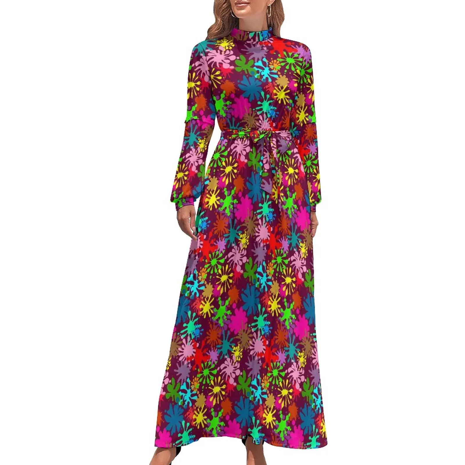 

Cute Paint Splatter Dress Colorful Print Aesthetic Beach Dresses Female Long Sleeve High Waist Elegant Long Maxi Dress