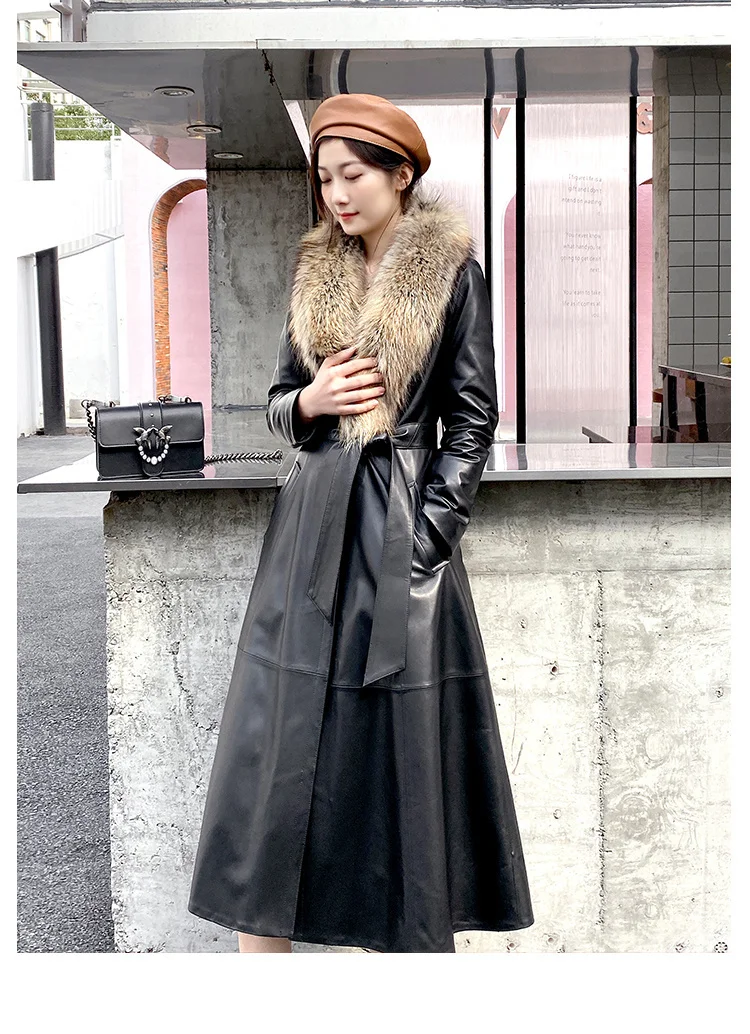 

Женская длинная пуховая куртка, пальто из натуральной овечьей кожи с меховым воротником из енота, 2023