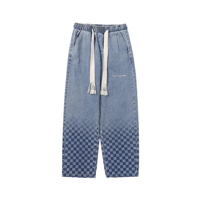 High Street Washed Gradient Plaid Printed Jeans Men's Wide Leg Pants Street Casual Straight Leg Jeans Pants Men's Street Men's