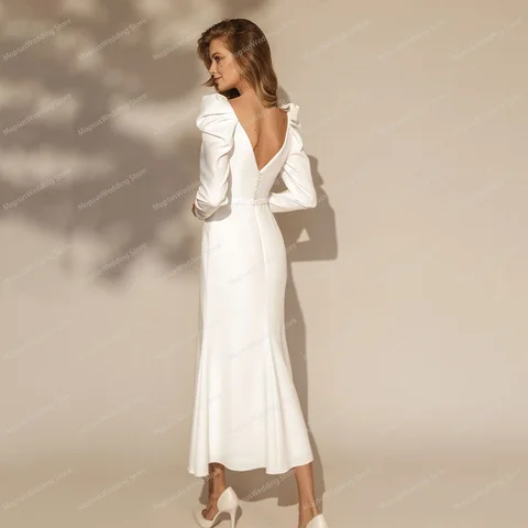 Simple Short Wedding Dress Mermaid Square Collar Puff Long Sleeve Ankle Length Elegant Bridal Gown Robe De Mariee Custom Made
