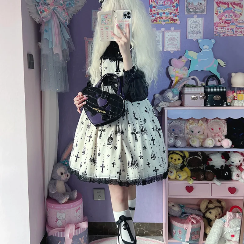 

Jk Lolita Gothic Shoulder Bag Sweet Cool Dark Heart Letter Crocodile Leather Texture Handbag Elegant Fashion Designer Bag
