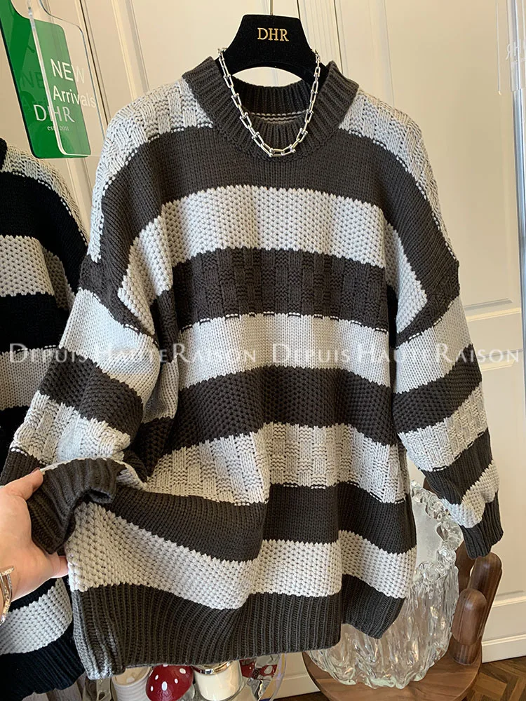

Женский трикотажный пуловер с круглым вырезом, винтажный мягкий свитер контрастных цветов в полоску, Осень-зима 2022