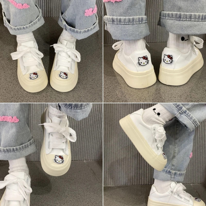 

Женские кроссовки с круглым носком Hello Kitty, повседневная Вулканизированная обувь Sanrio из коровьей замши и искусственной кожи, лоскутные кроссовки на платформе со шнуровкой