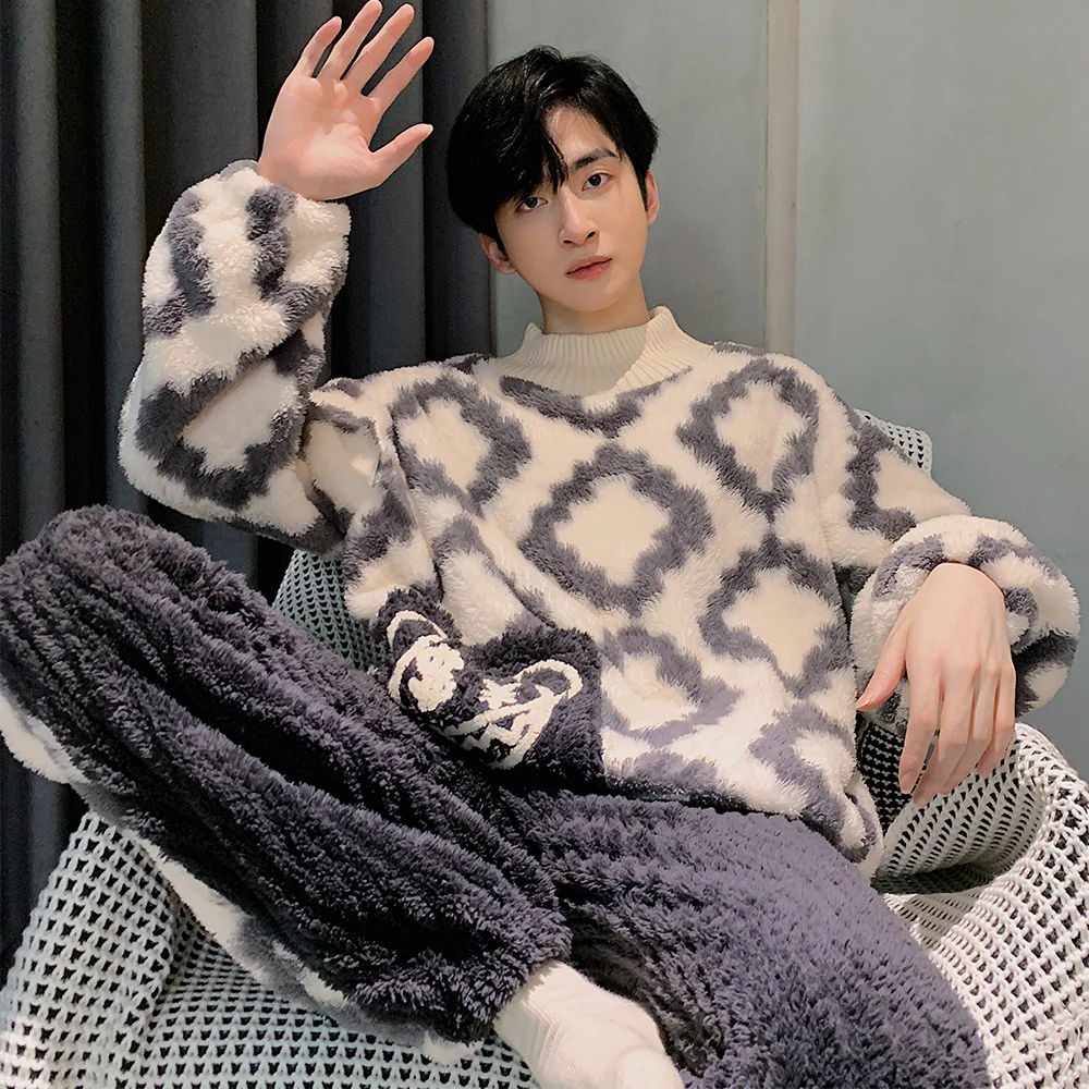 QUHENG Winter Thick Warm Long Sleeve Flannel Pajama Sets for Men Cartoon Coral Velvet Sleepwear Suit Pyjamas Homewear Clothes
