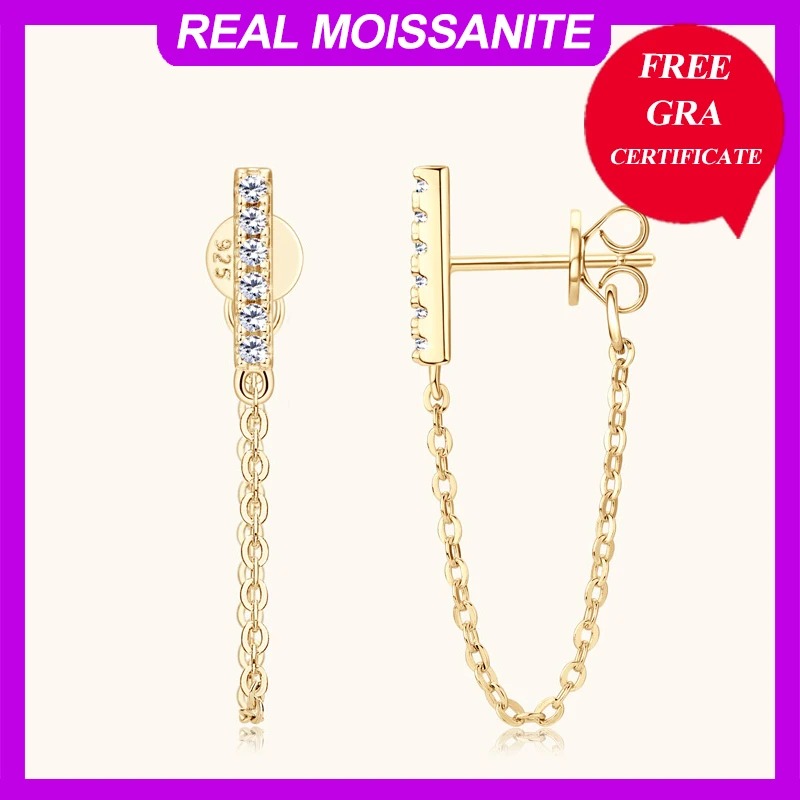 

18K Yellow Gold Moissanite with GRA Certificate Real 925 Sterling Silver Chain Drop Earrings for Women Birthday Valantine's Day