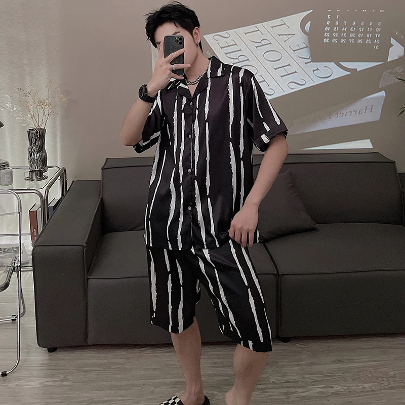 Men Satin Pajamas Set Short Sleeve Casual Home Wear Soft Spring Summer Leisure Silk Boy Pajama Sets Soft Leisure Sleepwear Suit