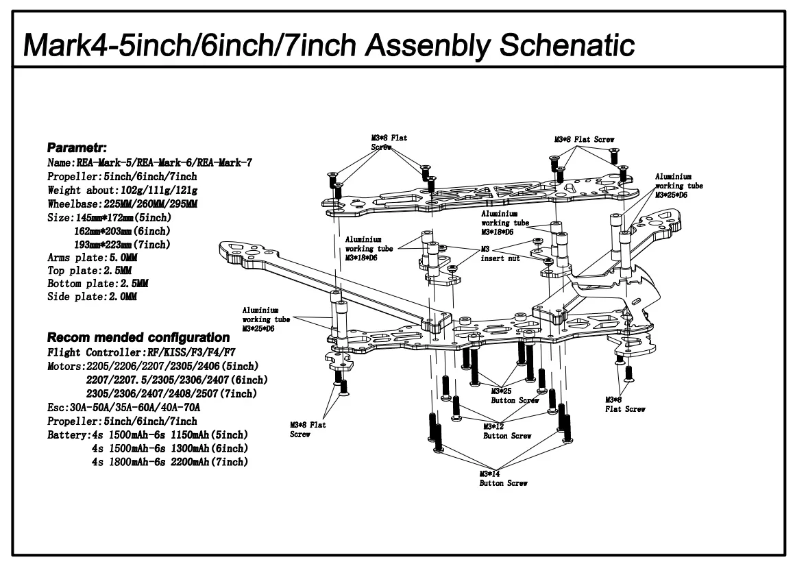 Mark4 Mark 4 5 дюймов 225 мм/6 260 мм/7 295 мм/8 375 мм/10 473 мм FPV Racing Drone Квадрокоптер Рама для