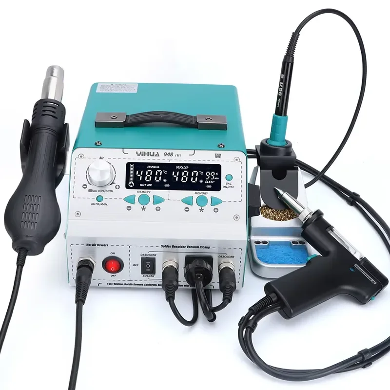 Фото Паяльная станция YIHUA 948-II 4-в-1 для SMD-компонентов с функцией горячего воздуха, автоматическим отключением и вакуумным отсосом припоя №4