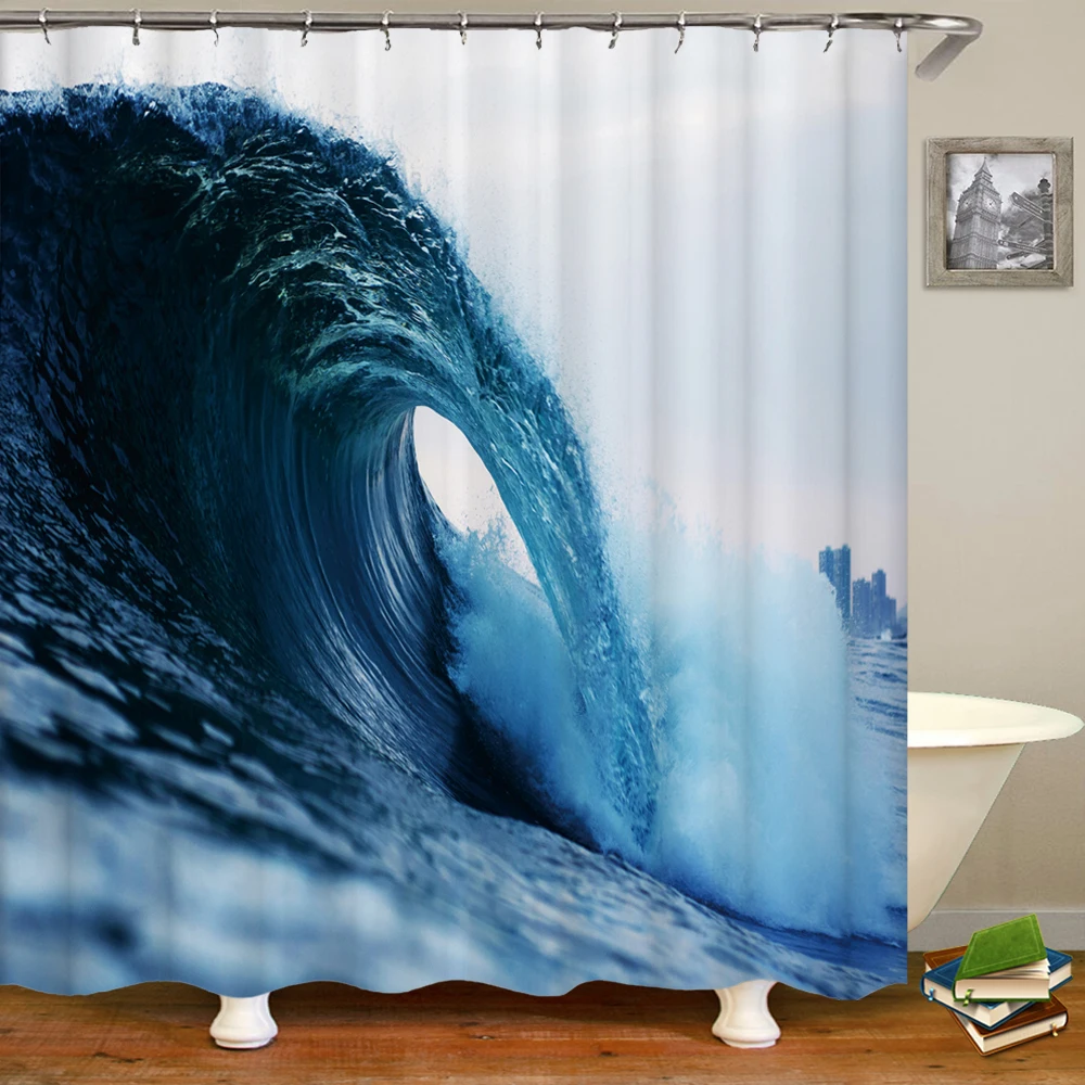 

3d Sea Ocean Waves Scenery Bathroom Curtains Shower Curtains Waterproof With 12 Hooks Decoration Washable Fabric Screen