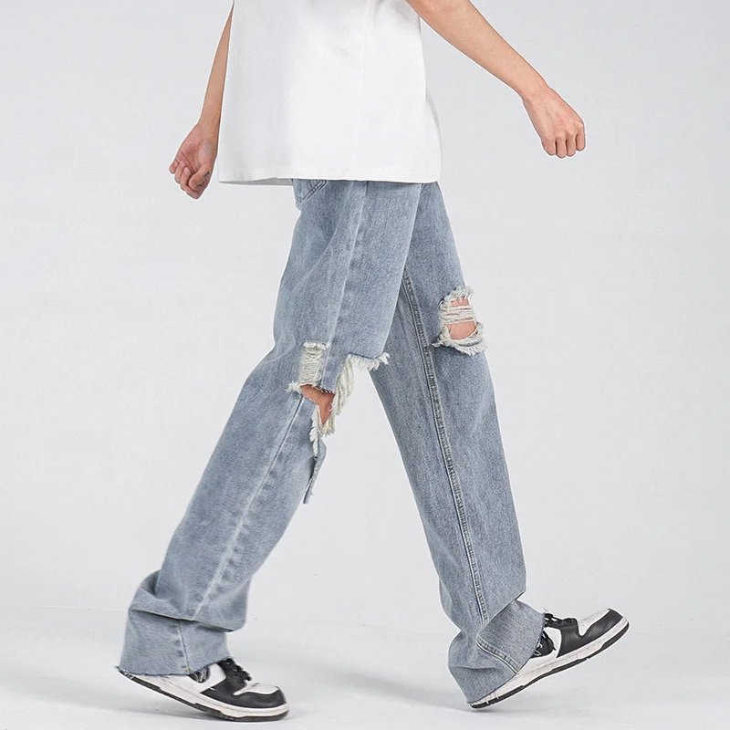 Blue Ripped Baggy Jeans Men Fashion Casual Wide Leg Jeans Men Streetwear Loose Hip Hop Hole Straight Denim Pants Mens Trousers