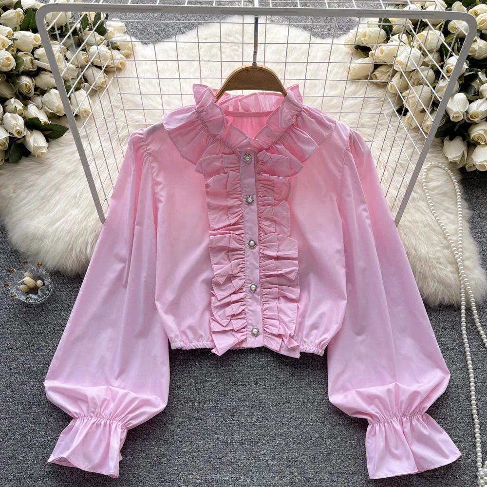 

Korean Fashion Ruffles Shirt Woman Autumn Sweet Long Puff Sleeve Stand Collar Shirts Female Solid Color Button Top Dropshipping