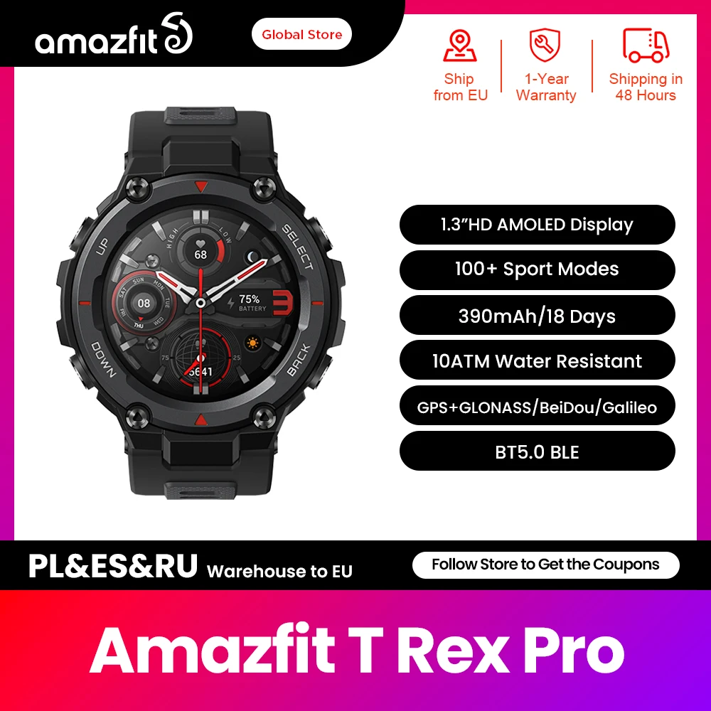 Смарт-часы Amazfit T-rex Trex Pro T Rex с GPS, водонепроницаемые, 390 мА · ч