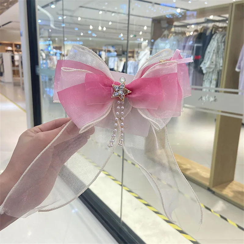 

1pc Organza Bow Streamers Hairpin Crystal Gauze Ponytail Hair Barrette Girl Tiara Star Hair Grips Crown Hair Clip Accessories