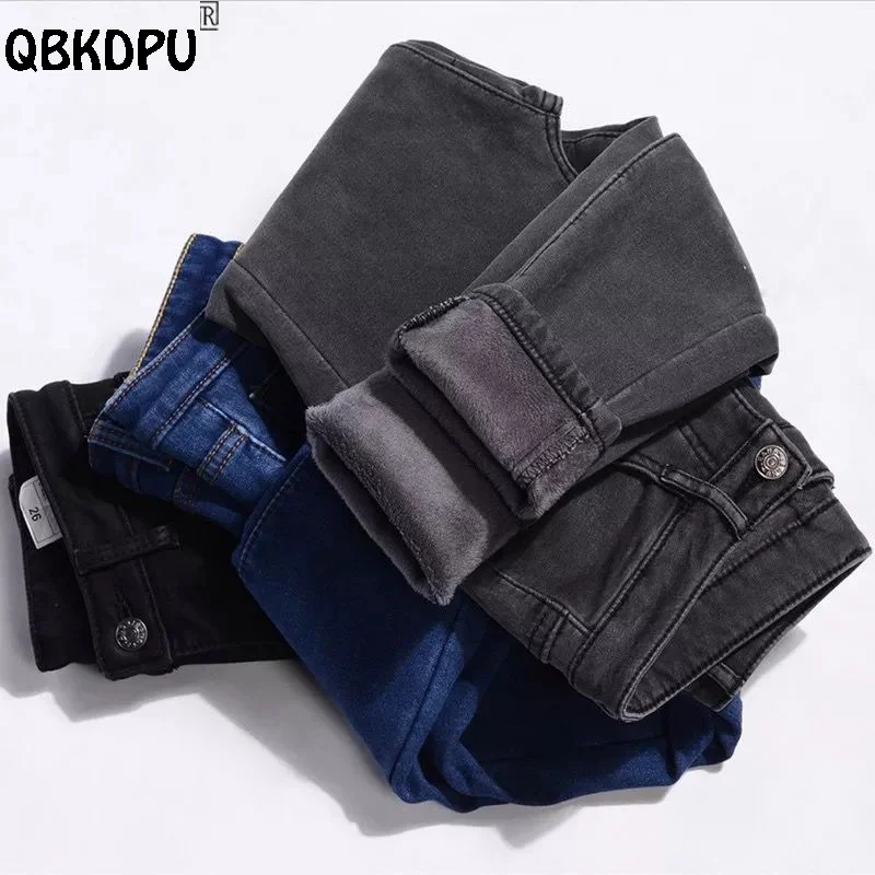 

Black Winter Plus Velvet Jeans Women Mid Waist Thick Warm Vintage Skinny Denim Pants Slim Ankle-Length Fall Fleece Vaqueros