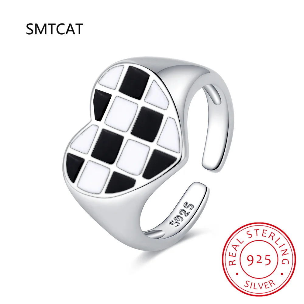 

925 Sterling Silver Heart Rings INS Fashion Hip Hop Vintage Couples Unique Black and White Grid Pattern Design Party Jewelry