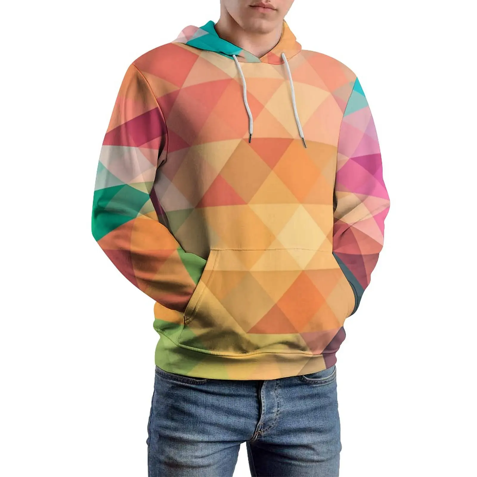 

Colorful Geo Print Casual Hoodies Men Ombre Checkered Pretty Graphic Hooded Sweatshirts Autumn Long Sleeve Loose Oversize Hoodie