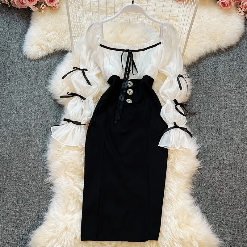 

Temperament Skirt Light Mature Style Women's New Spring Dress Mid-length Ladies Bag Hip Open Back Square Collar Dress Summer
