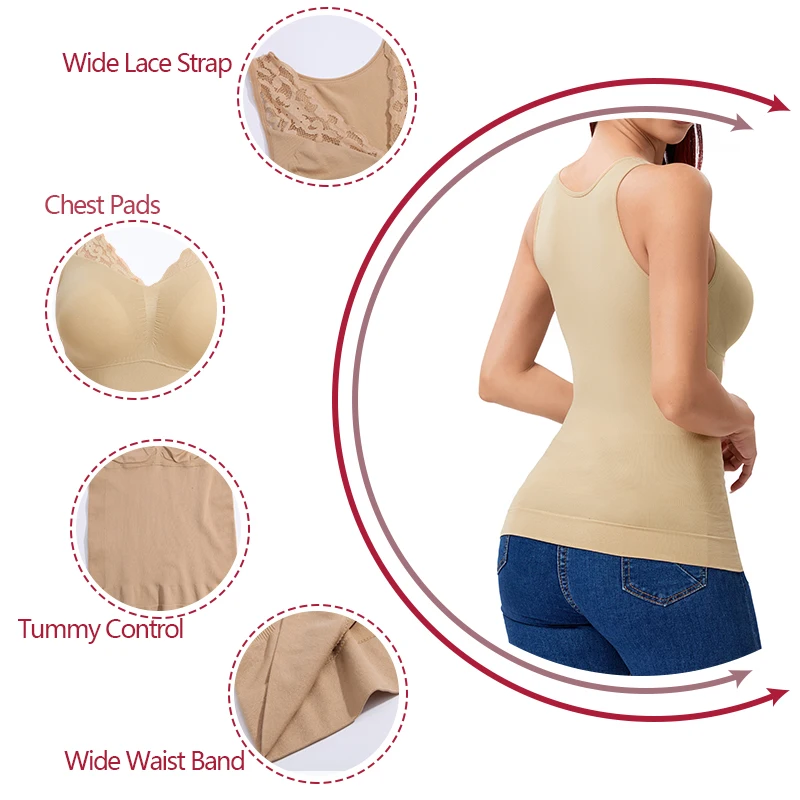 Built In Bra Tank Top Women Shapewear Back Smooth Tummy Control Slim Waist Body Shaper Seamless Lace Camis Padded Vest Lifewear